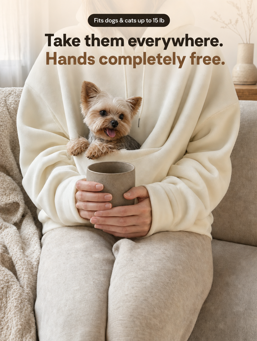 A woman on a sofa holds a mug with both hands while her Yorkshire terrier rests in the front pouch of a cream JOEY hoodie. Text on the image: Take them everywhere. Hands completely free. Fits dogs and cats up to 15 lb.