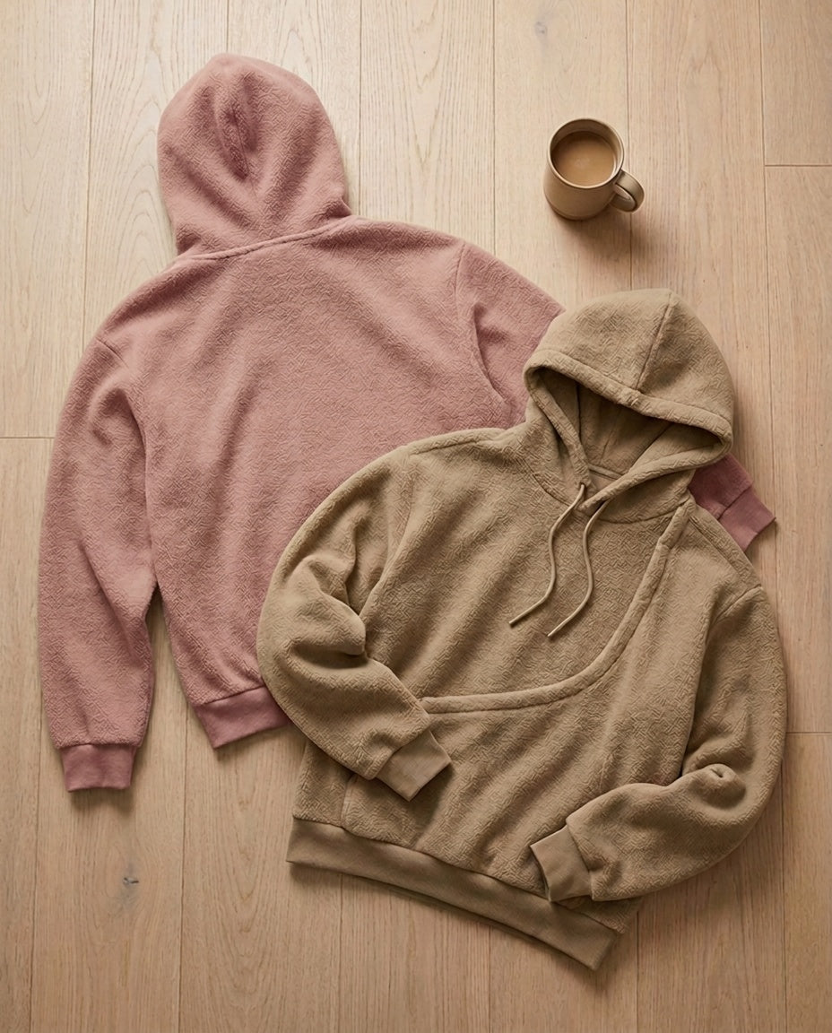 Two JOEY pouch hoodies laid on an oak floor, one khaki showing the diagonal chest pouch and one pink showing the plain back, with a mug of coffee