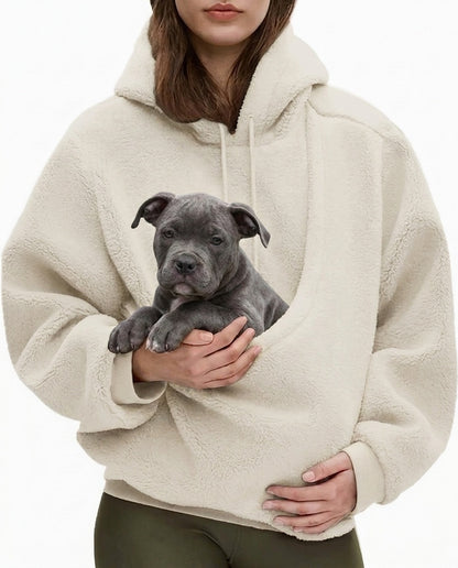 Cream JOEY pouch hoodie worn with a grey Bully puppy sitting in the front pouch