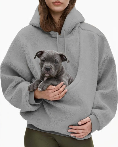 Gray JOEY pouch hoodie worn with a grey Bully puppy sitting in the front pouch
