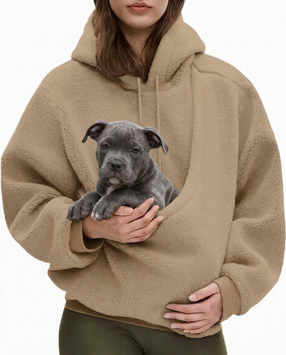 Khaki JOEY pouch hoodie worn with a grey Bully puppy sitting in the front pouch