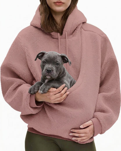 Pink JOEY pouch hoodie worn with a grey Bully puppy sitting in the front pouch