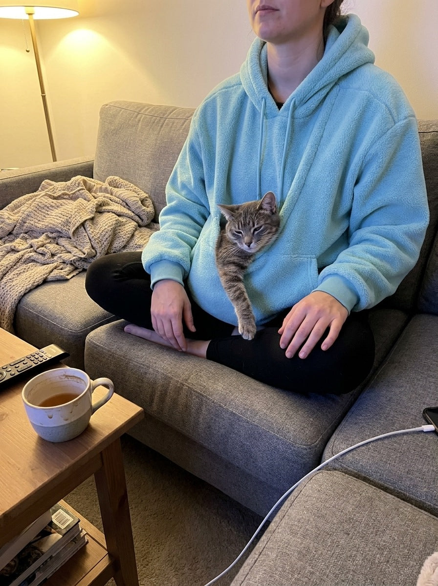 A woman sits on a sofa in a sky-blue JOEY pouch hoodie with a grey tabby cat settled in the front pouch.