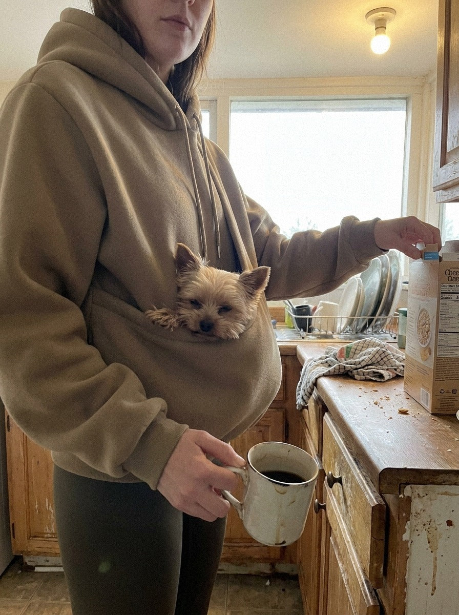 A woman in a khaki JOEY pouch hoodie makes coffee in her kitchen while her small terrier rides in the front pouch.