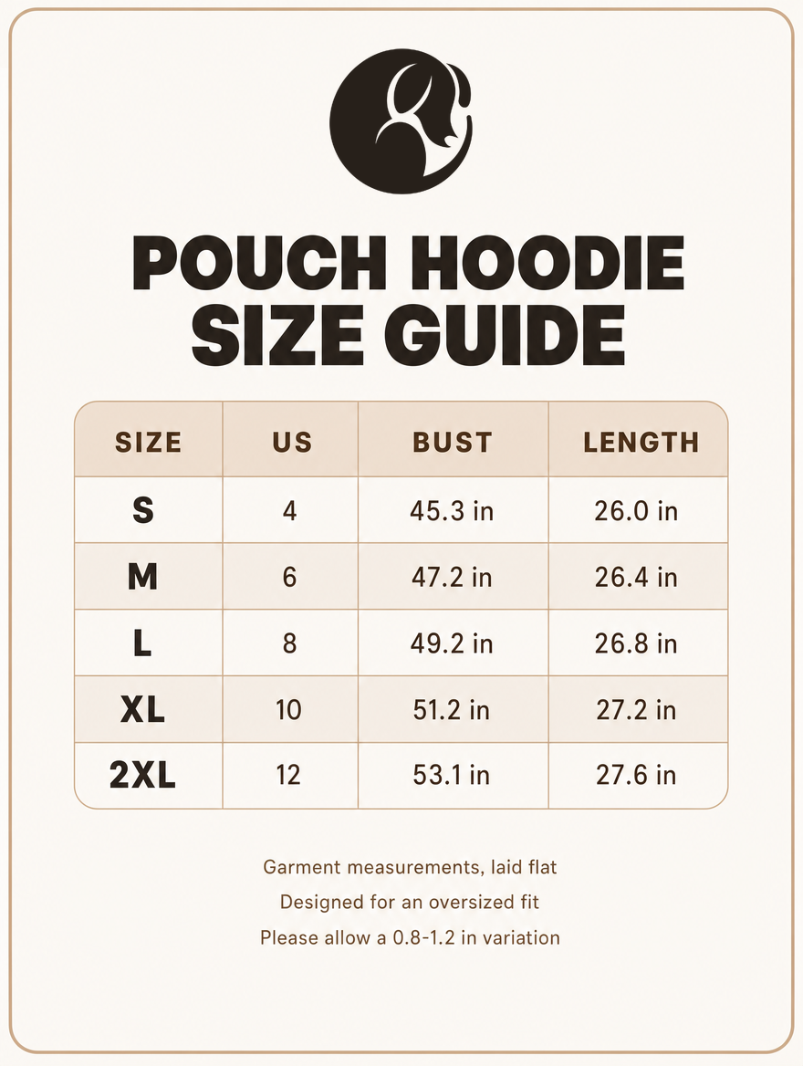 JOEY Pouch Hoodie size guide: bust and length in inches for sizes S through 2XL, US 4 to 12. Garment measured flat, oversized fit.