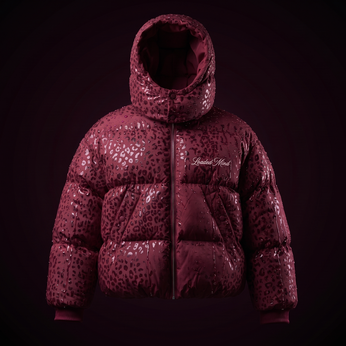The same burgundy puffer soaked: the leopard pattern up across the whole shell
