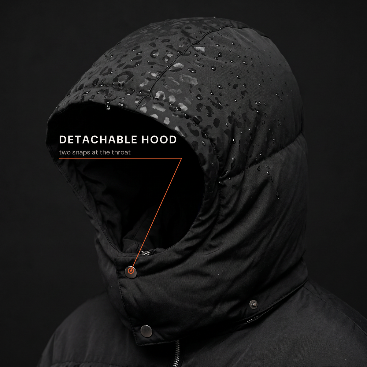 The hood of the leopard reveal puffer detaches at two snaps