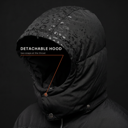 The hood of the leopard reveal puffer detaches at two snaps