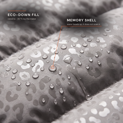 Water beading on the Memory shell of the leopard reveal puffer, close up