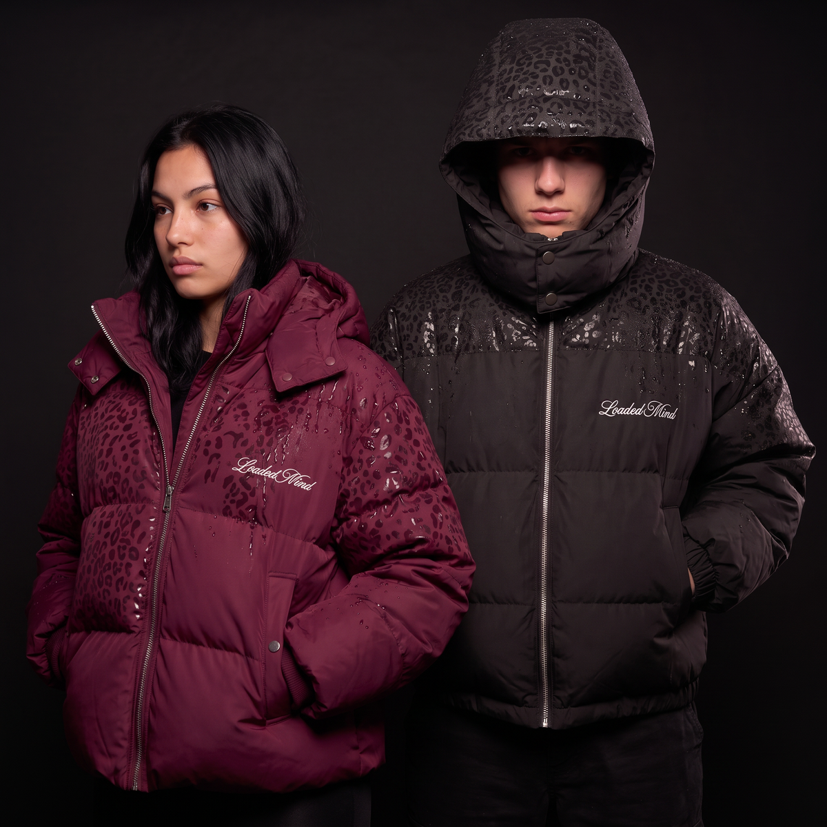 Two leopard reveal puffers side by side, burgundy and black