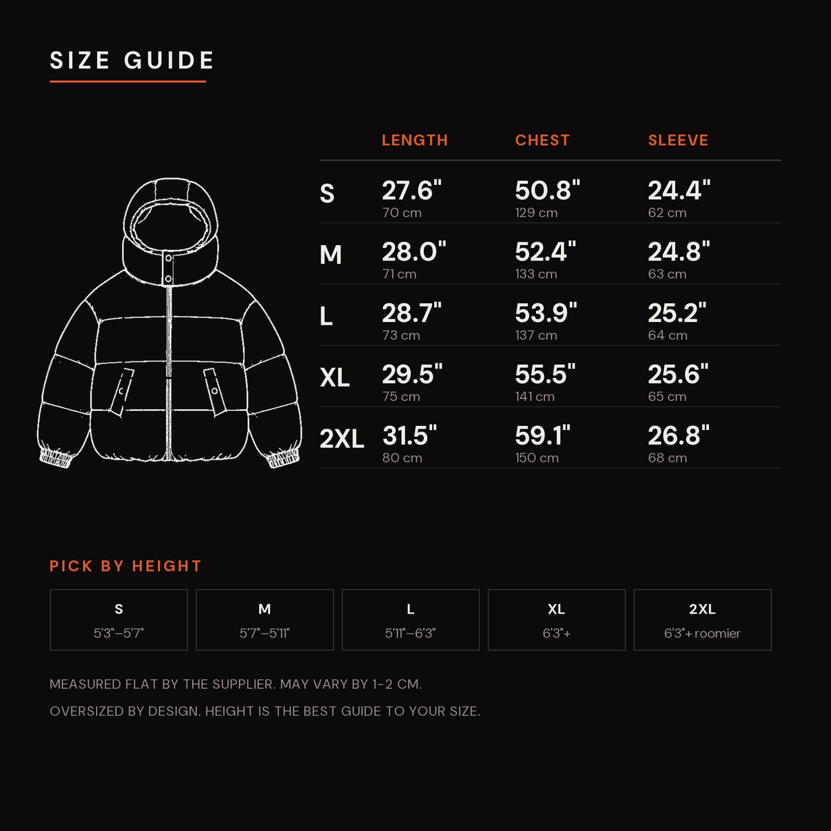 Size chart for the leopard reveal puffer, S to 2XL in inches and centimetres