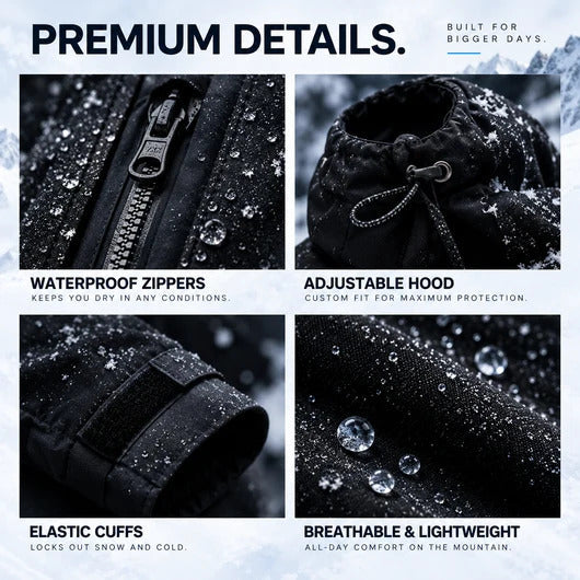 Waterproof zips, adjustable hood, elastic cuffs, breathable shell