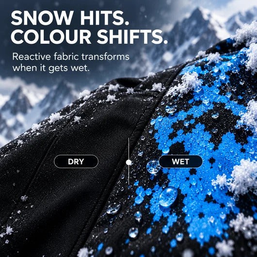 Jacket fabric black when dry and blue where it is wet