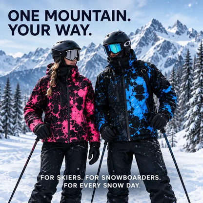 Two riders in SNOW JOEY jackets, pink and blue, on the mountain