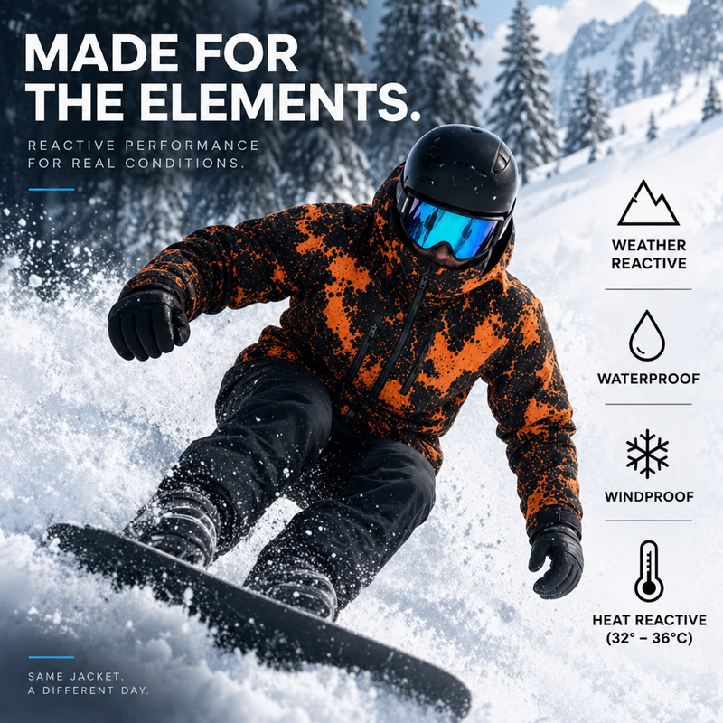 Snowboarder in a SNOW JOEY reactive all-mountain jacket in Blaze Orange, carving through powder