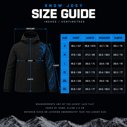 SNOW JOEY size guide: chest, length, shoulder and sleeve in inches and centimetres, sizes S to 3XL